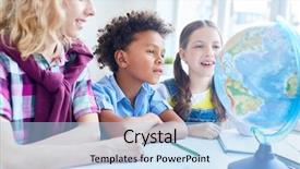  Presentation with world geography earth globe model - PPT layouts with earth model and discussing land background and a light blue colored foreground