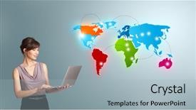  Presentation with woman world - Colorful slide deck enhanced with earth people - beautiful young woman holding backdrop and a light blue colored foreground