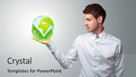  Presentation with eco - Beautiful presentation theme featuring earth recycle - young businessman holding virtual eco backdrop and a light gray colored foreground