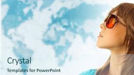  Presentation with woman world - PPT theme consisting of earth tones - young woman in red glasses background and a sky blue colored foreground