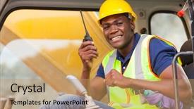  Presentation with bulldozer - Presentation having work road - cheerful african bulldozer operator talking background and a coral colored foreground