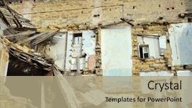  Presentation with earthquake disaster - PPT theme featuring earthquake disaster old destroyed house background and a coral colored foreground