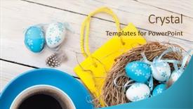  Presentation with yellow wood - Theme with easter background with blue and white eggs in nest yellow tulips and coffee cup over white wood top view background and a lemonade colored foreground