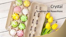  Presentation with yellow wood - Slides with easter background with colorful eggs and yellow tulips over white wood top view background and a lemonade colored foreground