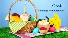  Presentation with green color - Audience pleasing slide deck consisting of easter basket conceptual photo of traditional easter food in wicker basket on green grass on color background backdrop and a light blue colored foreground