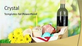  Presentation with easter basket - Cool new slide deck with easter basket conceptual photo of traditional easter food in wicker basket on green grass on bright background backdrop and a soft green colored foreground