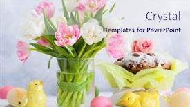  Presentation with decor - Theme enhanced with easter bouquet of spring tulips with easter cake eggs and festive decor on white wooden table easter concept with copy space background and a sky blue colored foreground