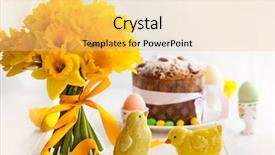  Presentation with easter - Beautiful presentation theme featuring easter bouquet of yellow daffodils and easter cake on white wooden table easter concept of festive breakfast backdrop and a yellow colored foreground