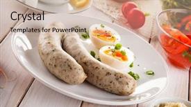  Presentation with sausages - PPT theme consisting of easter breakfast - eggs boiled white sausages and vegetables background and a soft green colored foreground