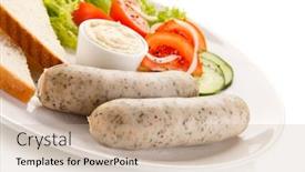 Presentation with sausages - Amazing PPT theme having easter breakfast - eggs boiled white sausages and vegetables backdrop and a mint green colored foreground