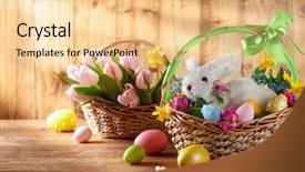  Presentation with easter bunny yellow spring flower - Amazing slide deck having easter composition with little white bunny in basket spring flowers and colorful easter eggs easter card with copy space backdrop and a gold colored foreground
