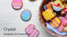  Presentation with cookies and candy - Audience pleasing theme consisting of easter cookies in wicker basket backdrop and a light gray colored foreground
