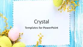  Presentation with empty stage blue curtain - Slide deck with easter eggs and mimosa flower background and a cool aqua colored foreground