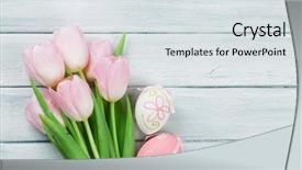 Presentation with tulips - Audience pleasing presentation theme consisting of easter eggs and pink tulips bouquet in front of wooden wall with space for your greetings backdrop and a light gray colored foreground