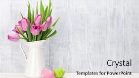  Presentation with eggs egg carton egg box - Slide deck with easter eggs and pink tulips background and a light gray colored foreground