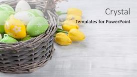  Presentation with greetings - Presentation theme consisting of easter eggs and tulip flowers on wooden table greeting card with space for your greetings background and a white colored foreground