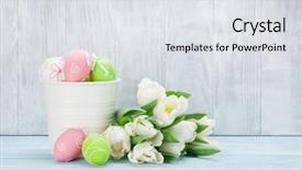 Presentation with tulips - Beautiful presentation design featuring easter eggs and white tulips backdrop and a light gray colored foreground