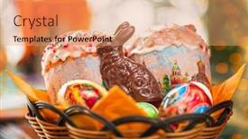  Presentation with easter bunny yellow spring flower - PPT theme enhanced with easter eggs cake and bunny shape chocolate background and a coral colored foreground