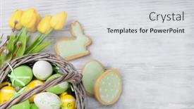  Presentation with gingerbread - Cool new presentation theme with easter eggs gingerbread cookies and tulip flowers on wooden table greeting card top view with space for your greetings backdrop and a light gray colored foreground