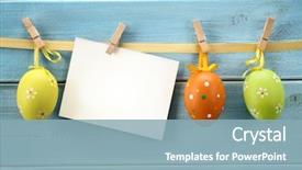  Presentation with easter - Slides having easter eggs hanging on wood background and a light blue colored foreground