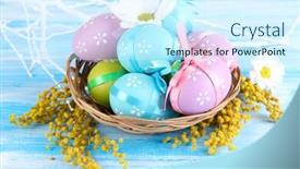  Presentation with easter basket - Beautiful PPT theme featuring easter eggs in basket and mimosa flowers on blue wooden background backdrop and a cool aqua colored foreground