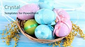  Presentation with easter basket - Cool new PPT layouts with easter eggs in basket and mimosa flowers on blue wooden background backdrop and a cool aqua colored foreground