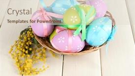  Presentation with easter basket - Audience pleasing PPT theme consisting of easter eggs in basket and mimosa flowers on white wooden background backdrop and a lemonade colored foreground
