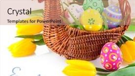  Presentation with easter basket - Colorful PPT theme enhanced with easter eggs in basket with yellow tulip flowers isolated on white background backdrop and a coral colored foreground