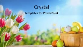  Presentation with easter basket - PPT theme enhanced with easter eggs in the basket on wooden boards background and a light blue colored foreground