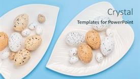  Presentation with quail - Presentation theme consisting of easter-eggs-on-plate-over background and a light blue colored foreground