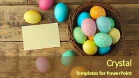  Presentation with easter - PPT layouts having easter eggs on wooden background background and a tawny brown colored foreground
