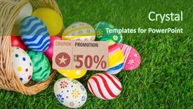  Presentation with coupon - Presentation design featuring easter eggs sale coupon voucher tag on fresh green grass background and a forest green colored foreground