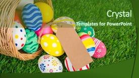  Presentation with coupon - PPT layouts having easter eggs sale coupon voucher tag on fresh green grass background and a forest green colored foreground