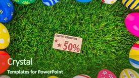  Presentation with coupon - PPT theme consisting of easter eggs sale coupon voucher tag on fresh green grass background and a forest green colored foreground