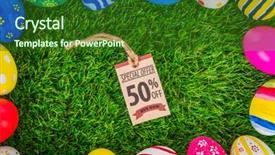  Presentation with coupon - Slide deck with easter eggs sale coupon voucher tag on fresh green grass background and a forest green colored foreground