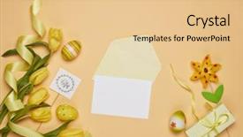  Presentation with gift card envelope - Slide set featuring easter eggs spring tulips flower background and a lemonade colored foreground