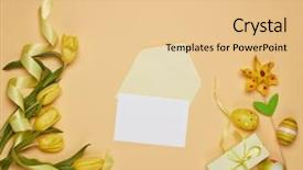  Presentation with gift card envelope - PPT theme having easter eggs spring tulips flower background and a lemonade colored foreground