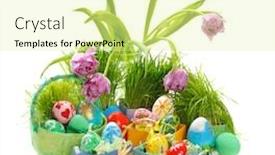  Presentation with pink green - Slide set consisting of easter eggs with green grass and pink tulips on white background background and a blonde colored foreground