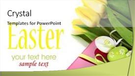  Presentation with text box - Theme featuring easter eggs with yellow tulip flowers and gift box isolated on white background with sample text background and a white colored foreground