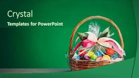  Presentation with multicolor - PPT layouts enhanced with easter-gift-basket-with-multicolor background and a forest green colored foreground