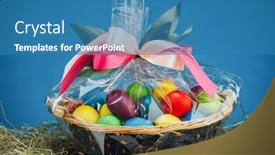  Presentation with easter basket - PPT theme featuring easter-gift-basket-with-multicolor background and a teal colored foreground