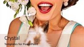  Presentation with eyelashes - PPT layouts having easter girl holding bunny woman with holiday spring flowers hairstyle and make up with fake eyelashes female makes squint eye for fun she has strabismus on white background background and a coral colored foreground