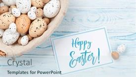  Presentation with easter basket - PPT layouts featuring easter-greeting-card-and-easter background and a sky blue colored foreground