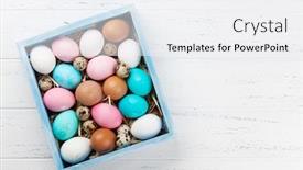  Presentation with greetings - Presentation theme enhanced with easter greeting card with colorful eggs in box on white wooden table top view with space for your greetings background and a white colored foreground