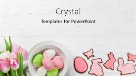  Presentation with gingerbread - Cool new presentation theme with easter greeting card with tulip flowers gingerbread cookies and colorful easter eggs top view with space for your greetings backdrop and a white colored foreground
