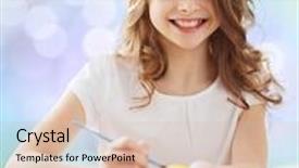  Presentation with happy holiday - PPT layouts featuring easter holiday and child concept - happy girl with brush coloring easter eggs over lights background background and a soft green colored foreground
