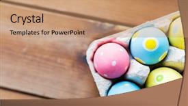  Presentation with box carton - Slide deck with easter holidays tradition and object concept - close up of colored easter eggs in egg box or carton wooden surface with copy space background and a coral colored foreground
