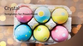  Presentation with box carton - PPT layouts featuring easter holidays tradition and object concept - close up of colored easter eggs in egg box or carton wooden surface background and a coral colored foreground