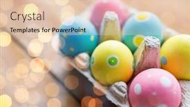  Presentation with box carton - Theme with easter holidays tradition and object concept - close up of colored easter eggs in egg box or carton wooden surface over holidays lights background and a lemonade colored foreground