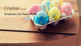 Presentation with box carton - Colorful PPT theme enhanced with easter holidays tradition and object concept - close up of colored easter eggs in egg box or carton wooden surface backdrop and a lemonade colored foreground